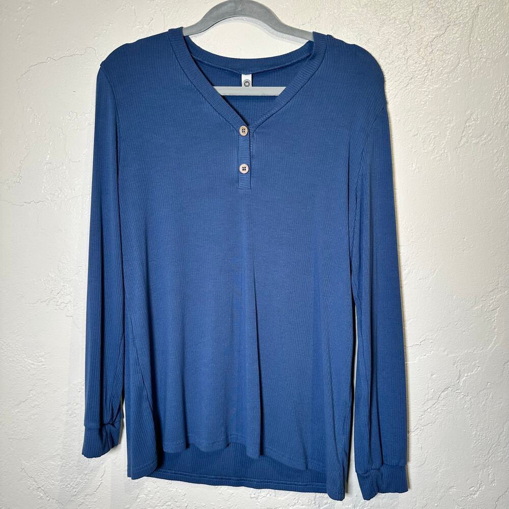 Your Style Size Medium Blue Long Sleeve Ribbed Henley Lounge Casual Comfy